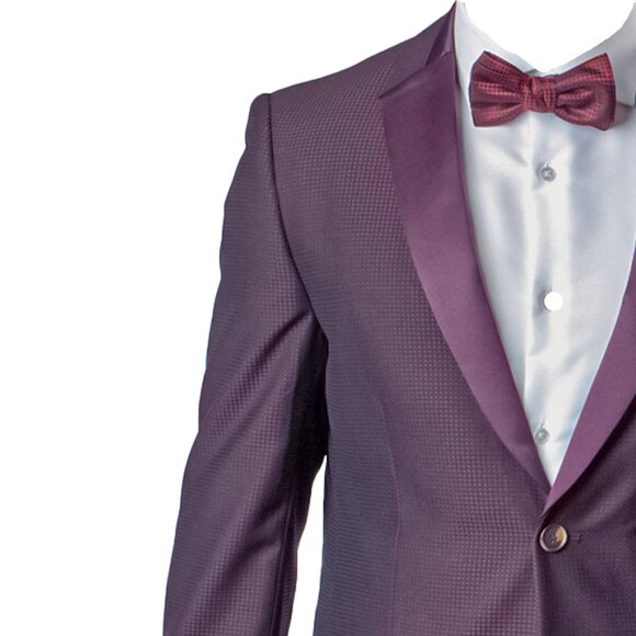 Birdseye Mens Suit Jacket w/ Satin Notch Lapel, Burgundy Wine - Picture 2 of 5